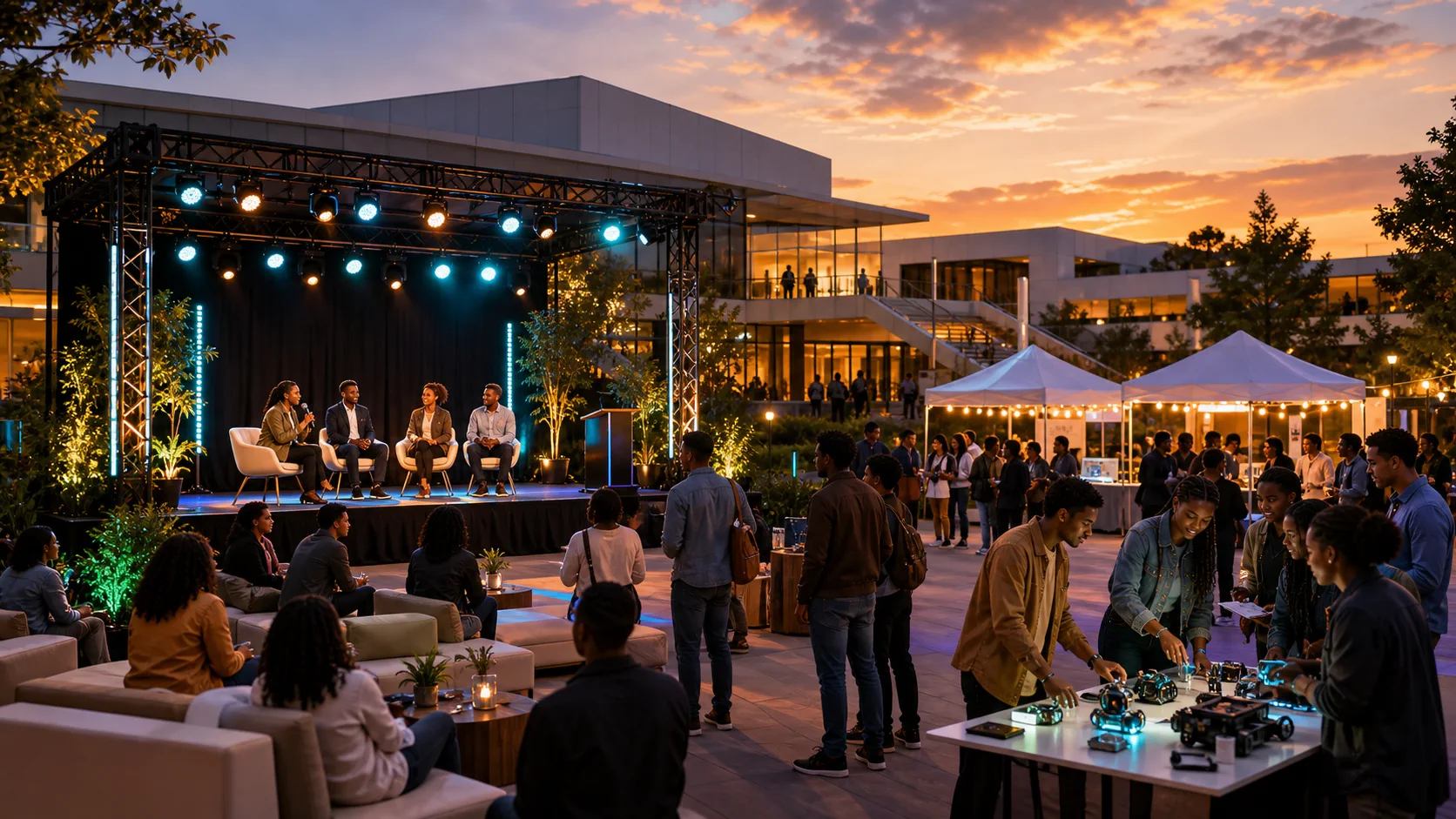 Outdoor campus technology and culture launch event with students, mentors, and partner guests